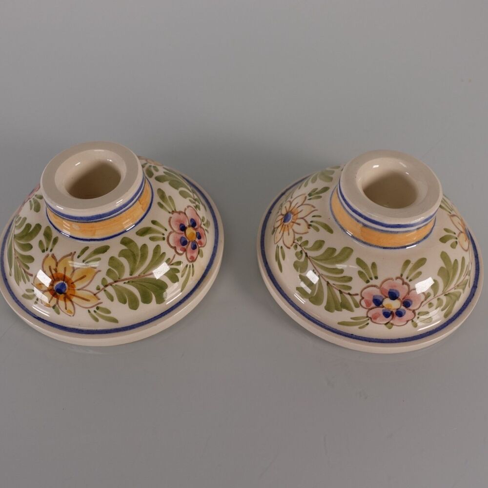 Pair of Hand Painted Delft Ceramic Taper Candlestick Holders Floral Design READ